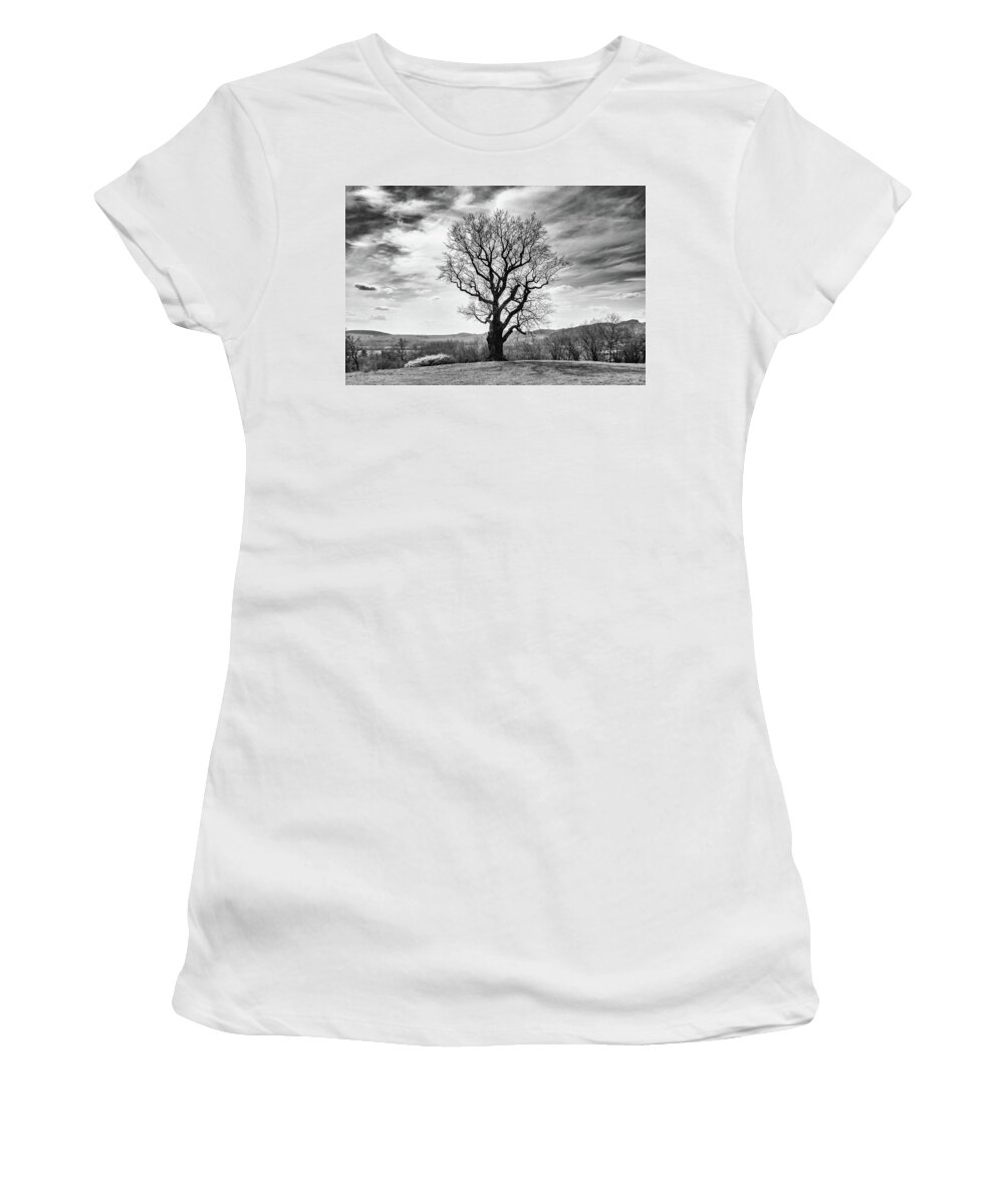 Oak Women's T-Shirt featuring the photograph Flehmuellers Eiche in monochrome by Andreas Levi