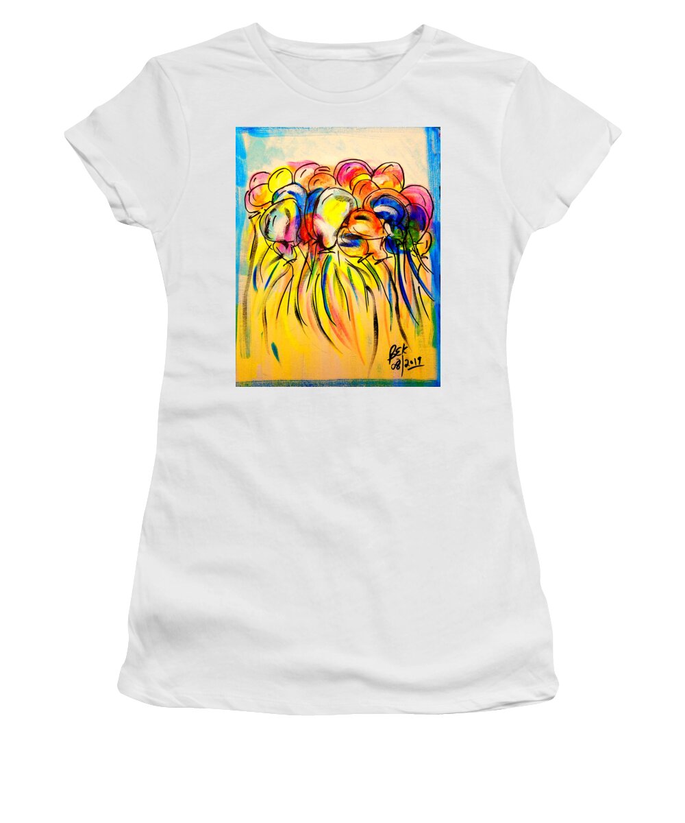 Balloons Women's T-Shirt featuring the mixed media Flight Of The Balloons by Brent Knippel