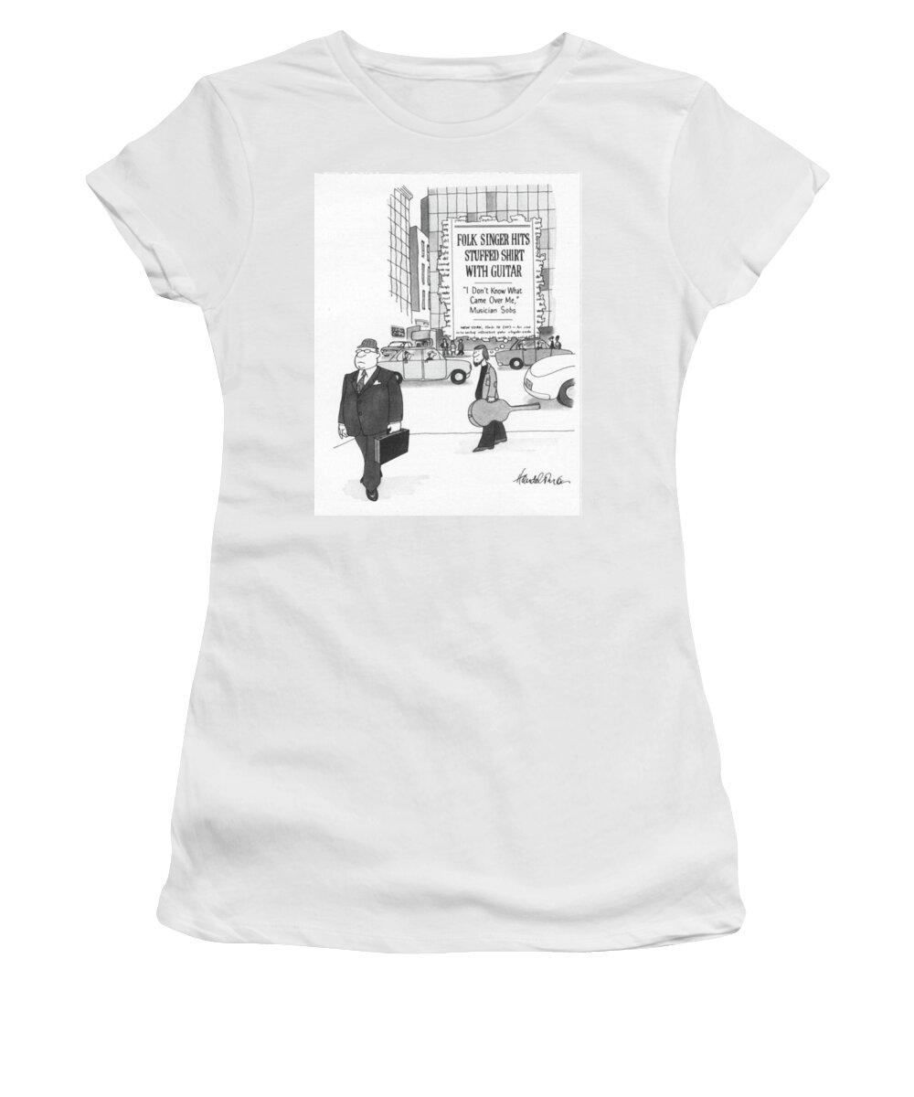 Captionless Women's T-Shirt featuring the drawing Flok Singer Hits Stuffed Shirt With Guitar by JB Handelsman