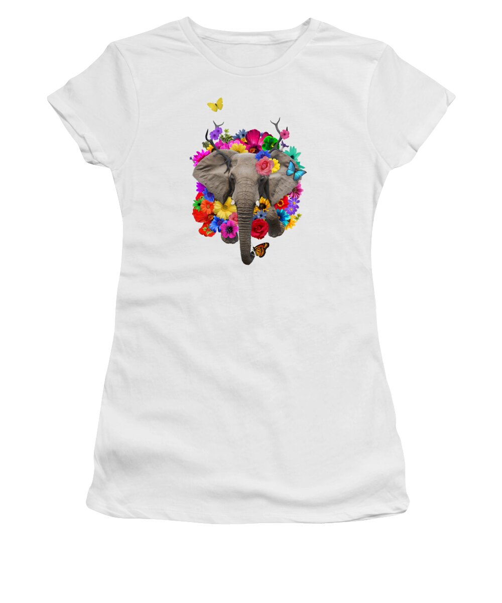 Elephant Women's T-Shirt featuring the digital art Floral elephant with butterflies by Madame Memento