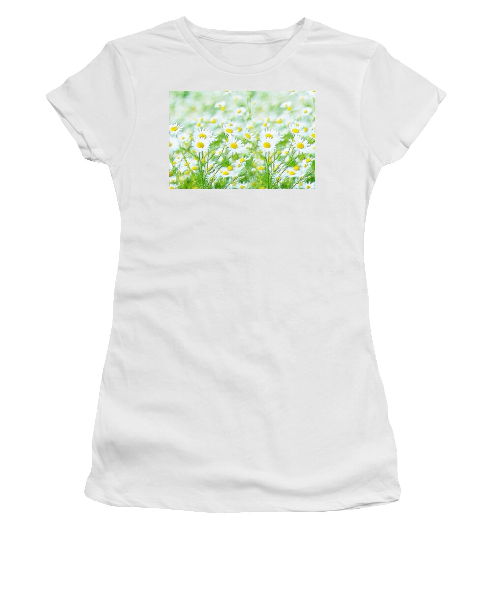 Daisy Women's T-Shirt featuring the painting Flowers In Field Floral Landscape Detail Green by Tony Rubino