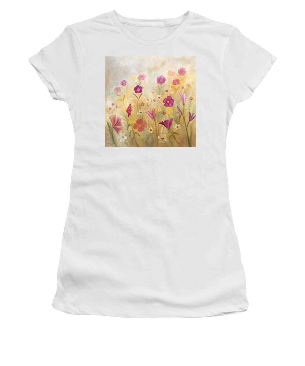 Wild Flowers Women's T-Shirt featuring the painting Flowers In The Mist by Angeles M Pomata