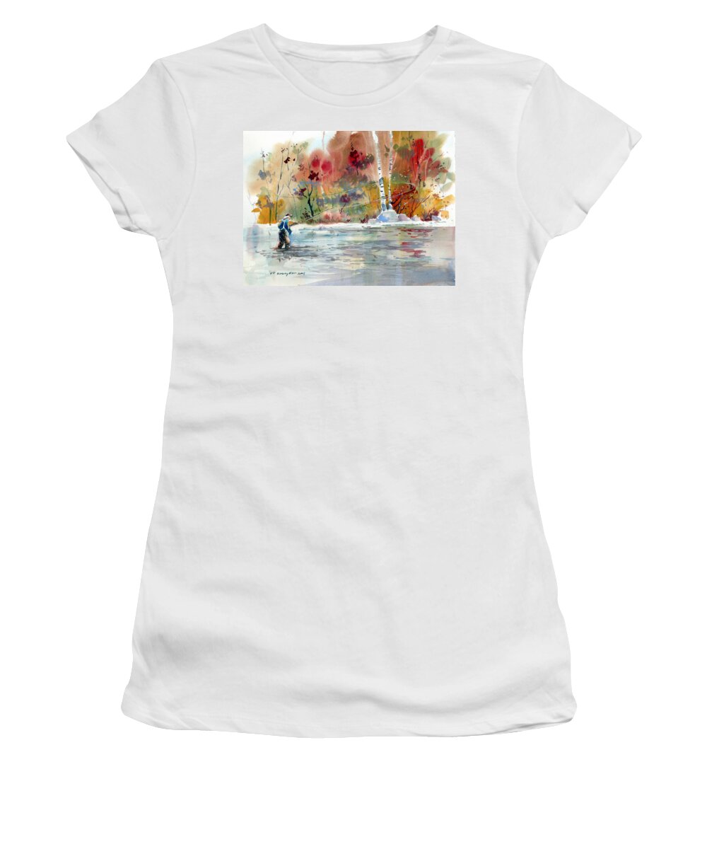 New England Scenes Women's T-Shirt featuring the painting Fly Fishing in the Fall by P Anthony Visco