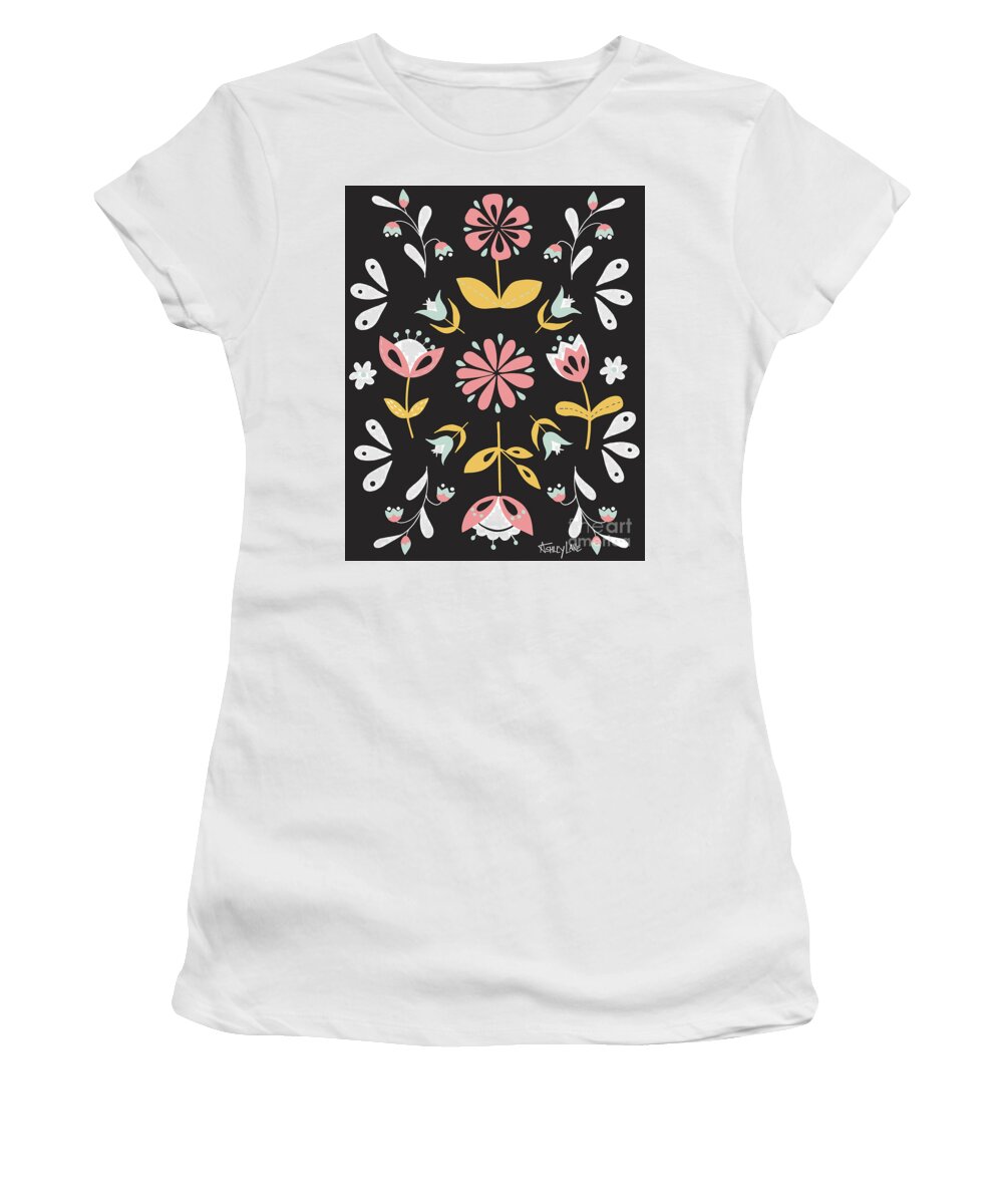Folk Flowers Women's T-Shirt featuring the digital art Folk Flower Pattern in Black and White by Ashley Lane