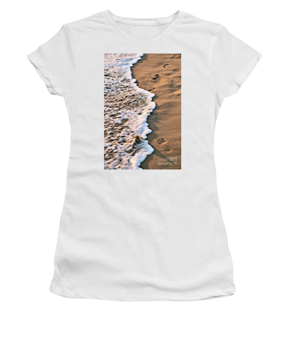 Footprints Women's T-Shirt featuring the photograph Footprints in the Sand by Vivian Krug Cotton