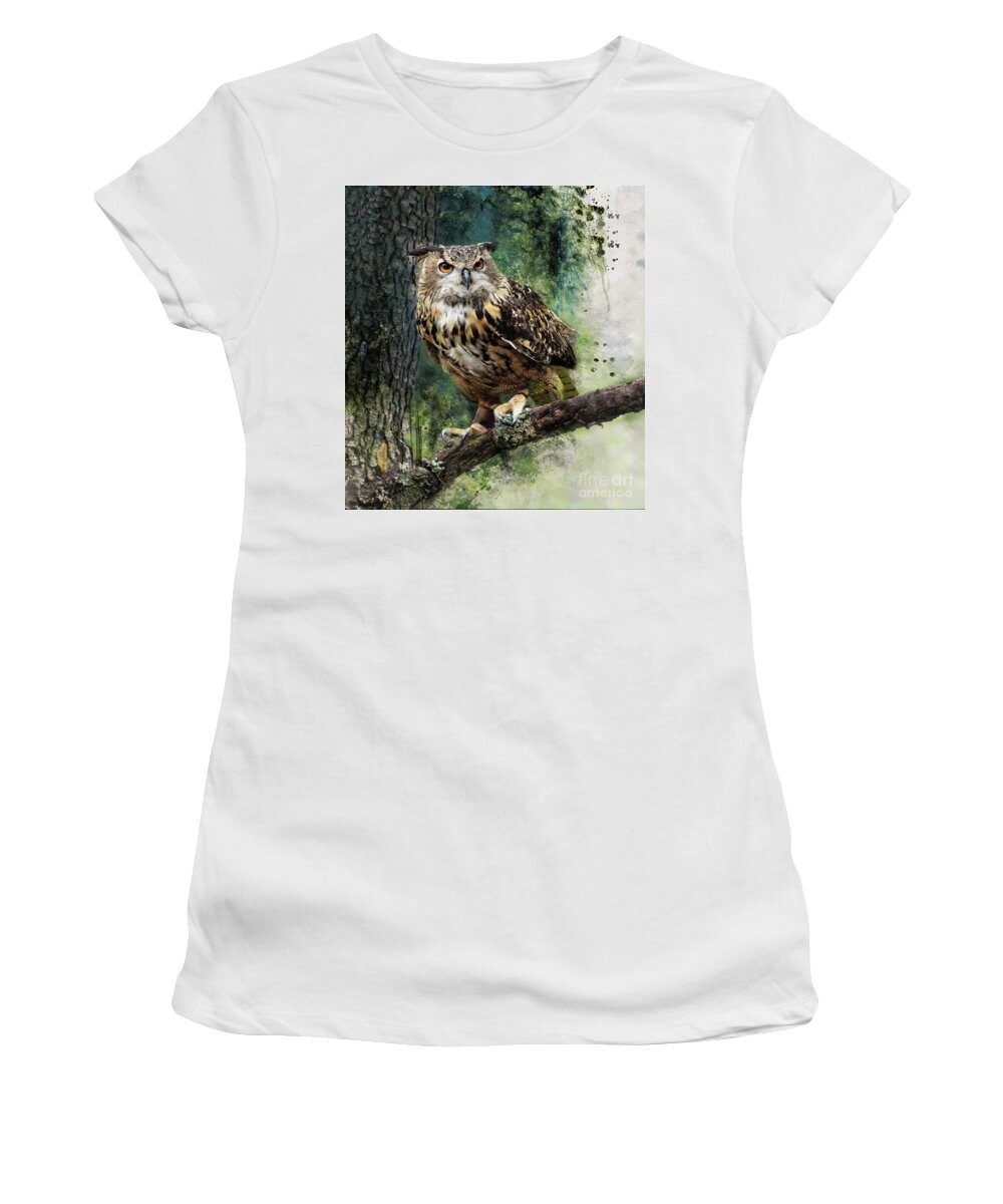 Great Horned Owl Women's T-Shirt featuring the mixed media Forest Owl by Kathy Kelly
