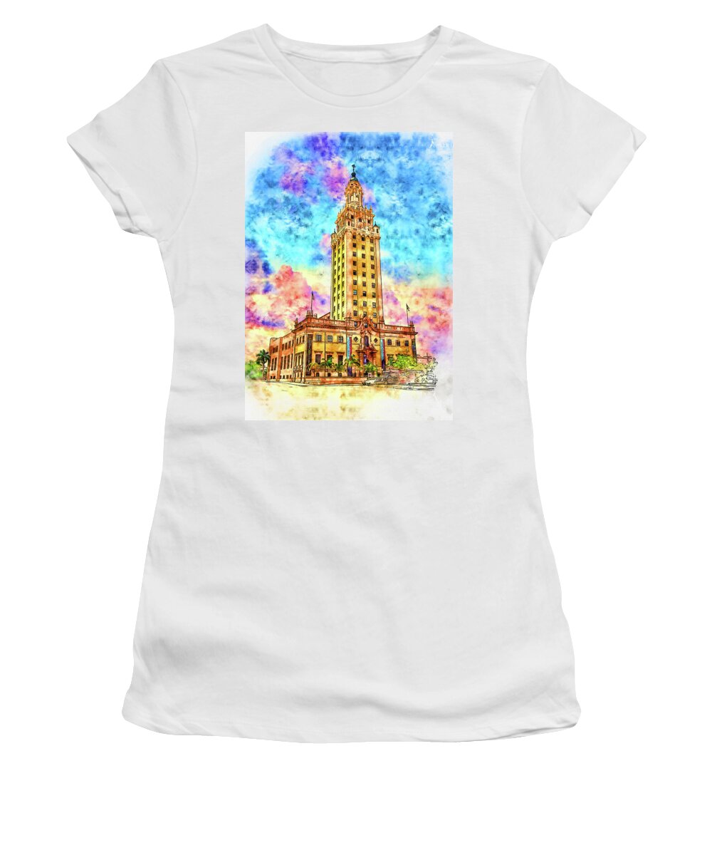 Freedom Tower Women's T-Shirt featuring the digital art Freedom Tower in Miami, Florida, at sunset - pen and watercolor by Nicko Prints
