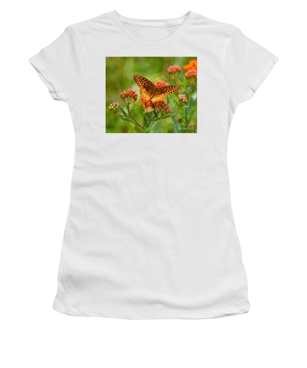Fritillary Butterfly Women's T-Shirt featuring the photograph Fritillary In the Flowers by Kerri Farley