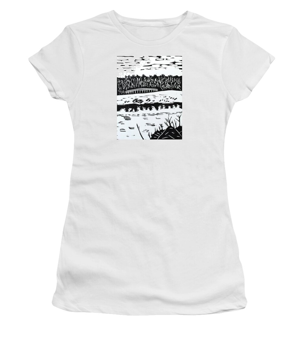 Woodcut Women's T-Shirt featuring the relief Gallup Park 1 by Ben Bohnsack