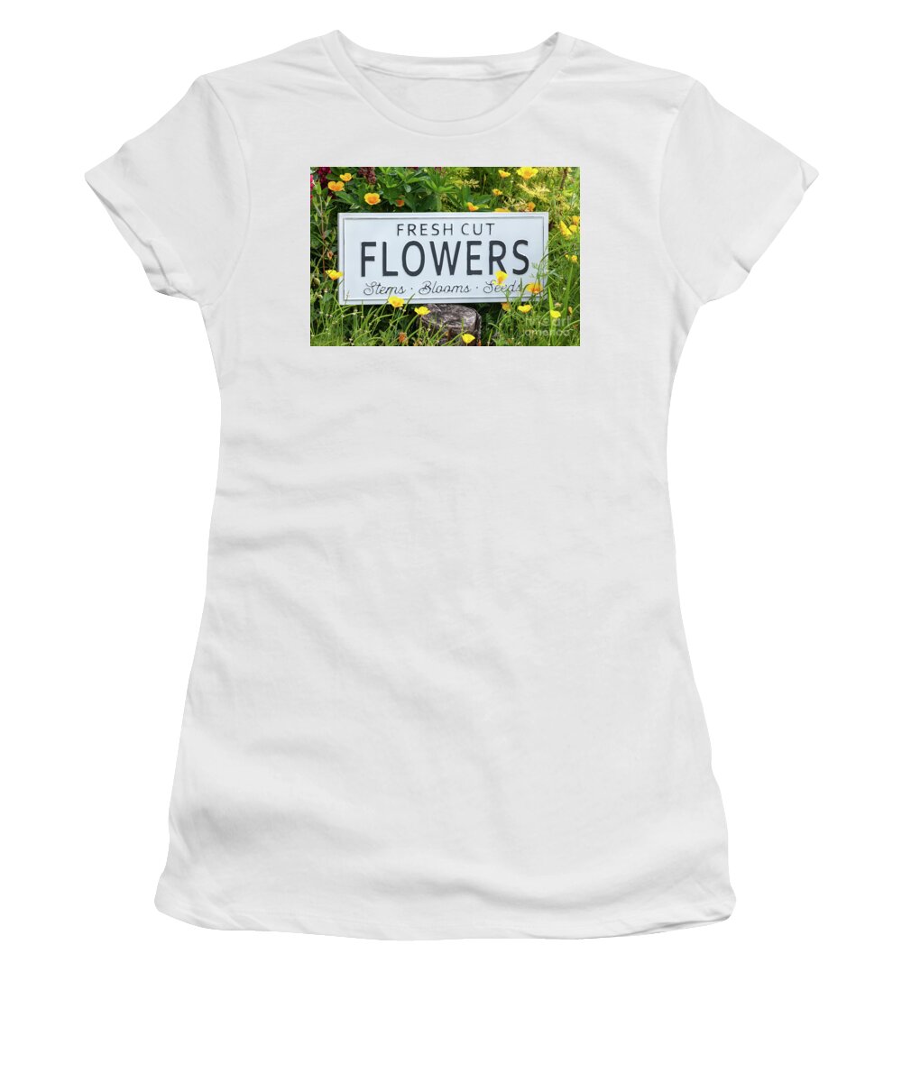 Flowers Women's T-Shirt featuring the photograph Garden flowers with fresh cut flower sign 0770 by Simon Bratt