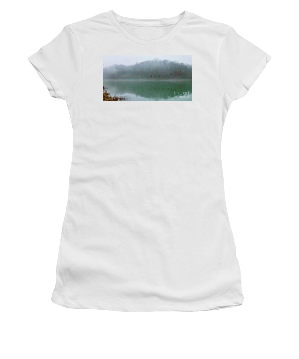 Landscape Women's T-Shirt featuring the photograph Geese In Flight, Griffy Lake by Theresa D Williams