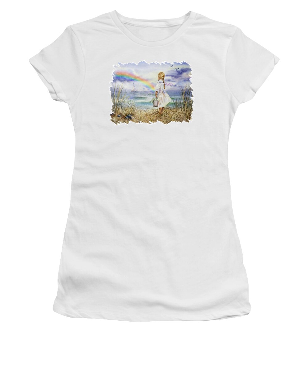 Girl And Ocean Women's T-Shirt featuring the painting Girl At The Ocean Shore Watching The Rainbow And Boat Watercolor Seascape by Irina Sztukowski