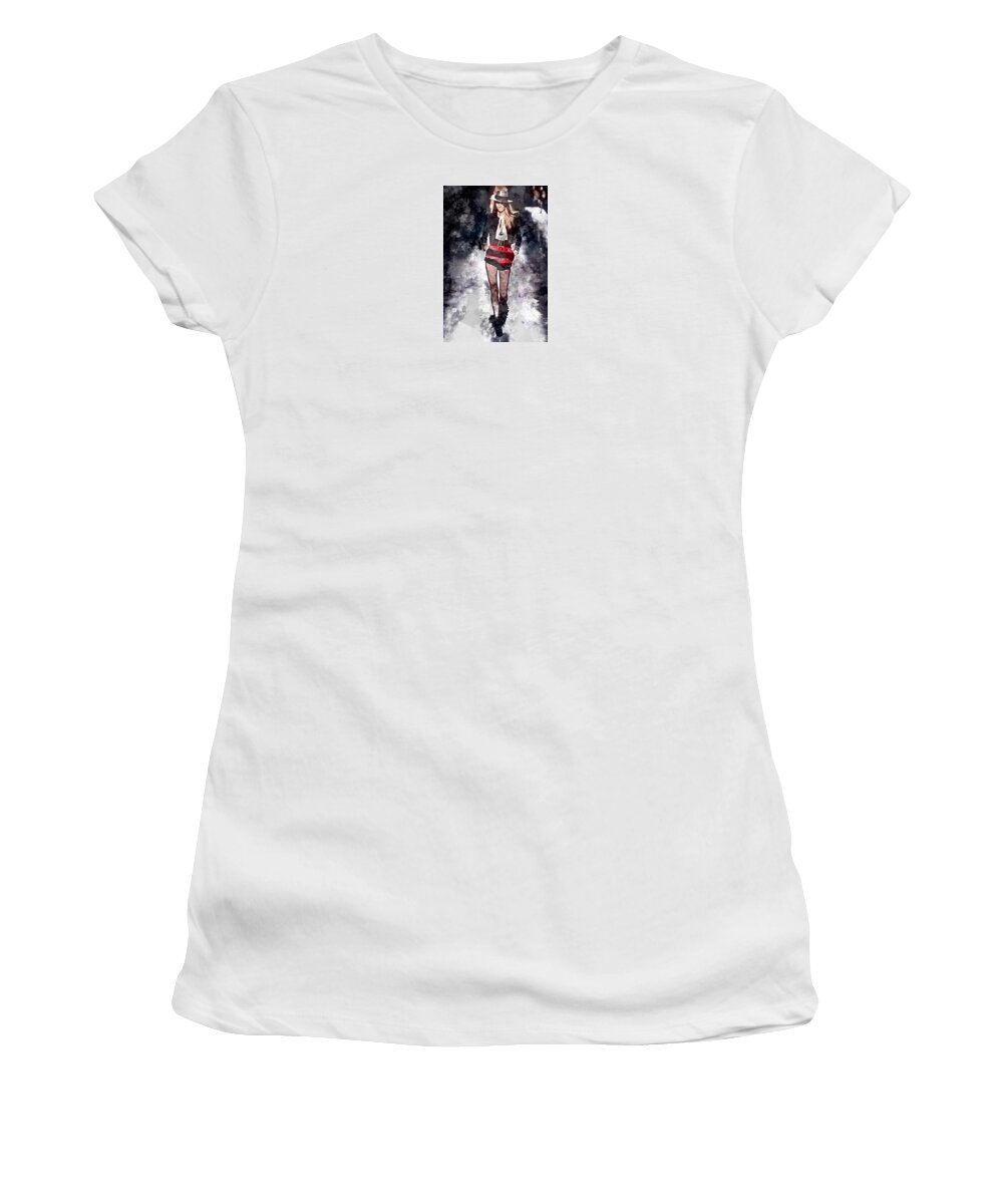 Model Women's T-Shirt featuring the mixed media Girl In The Red Dress by Marvin Blaine