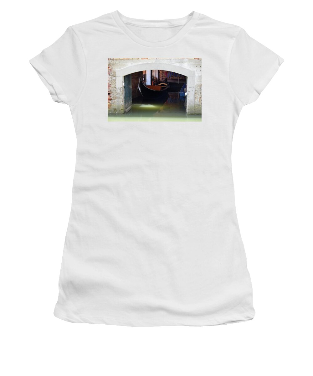 Gondola Women's T-Shirt featuring the photograph Gondola Garage on the Canals of Venice Italy by Shawn O'Brien
