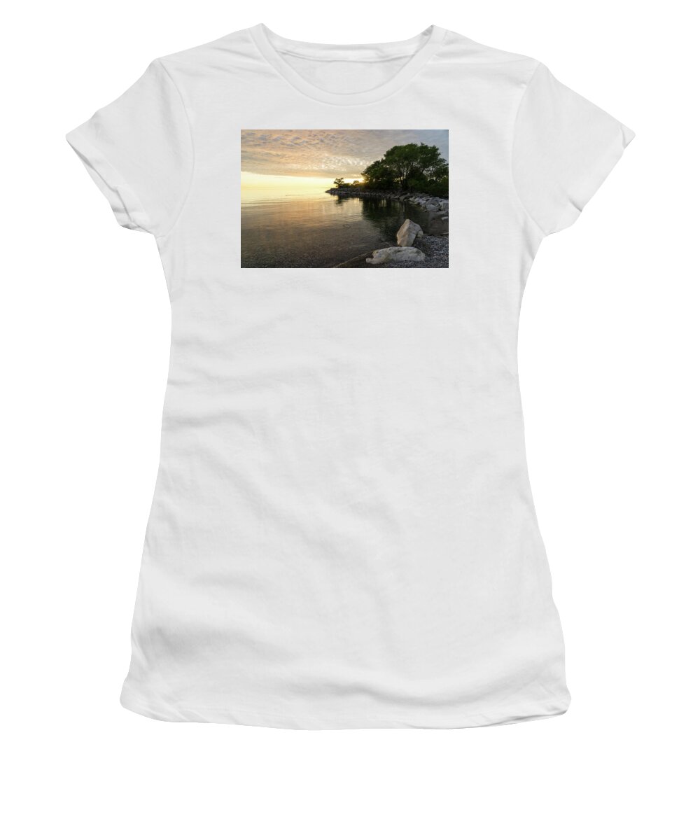 Glossy Daybreak Women's T-Shirt featuring the photograph Green and Glossy Summer - Sunrise on the Shore of Lake Ontario by Georgia Mizuleva