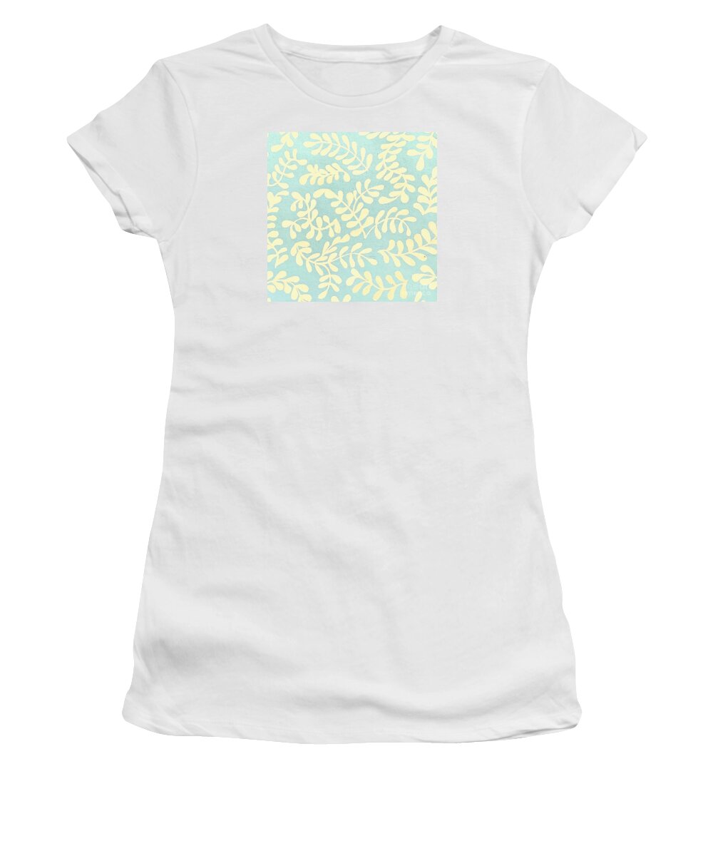 Leaf Women's T-Shirt featuring the painting Hand-Painted Leaf Pattern Design, Light Blue and Cream by Christie Olstad