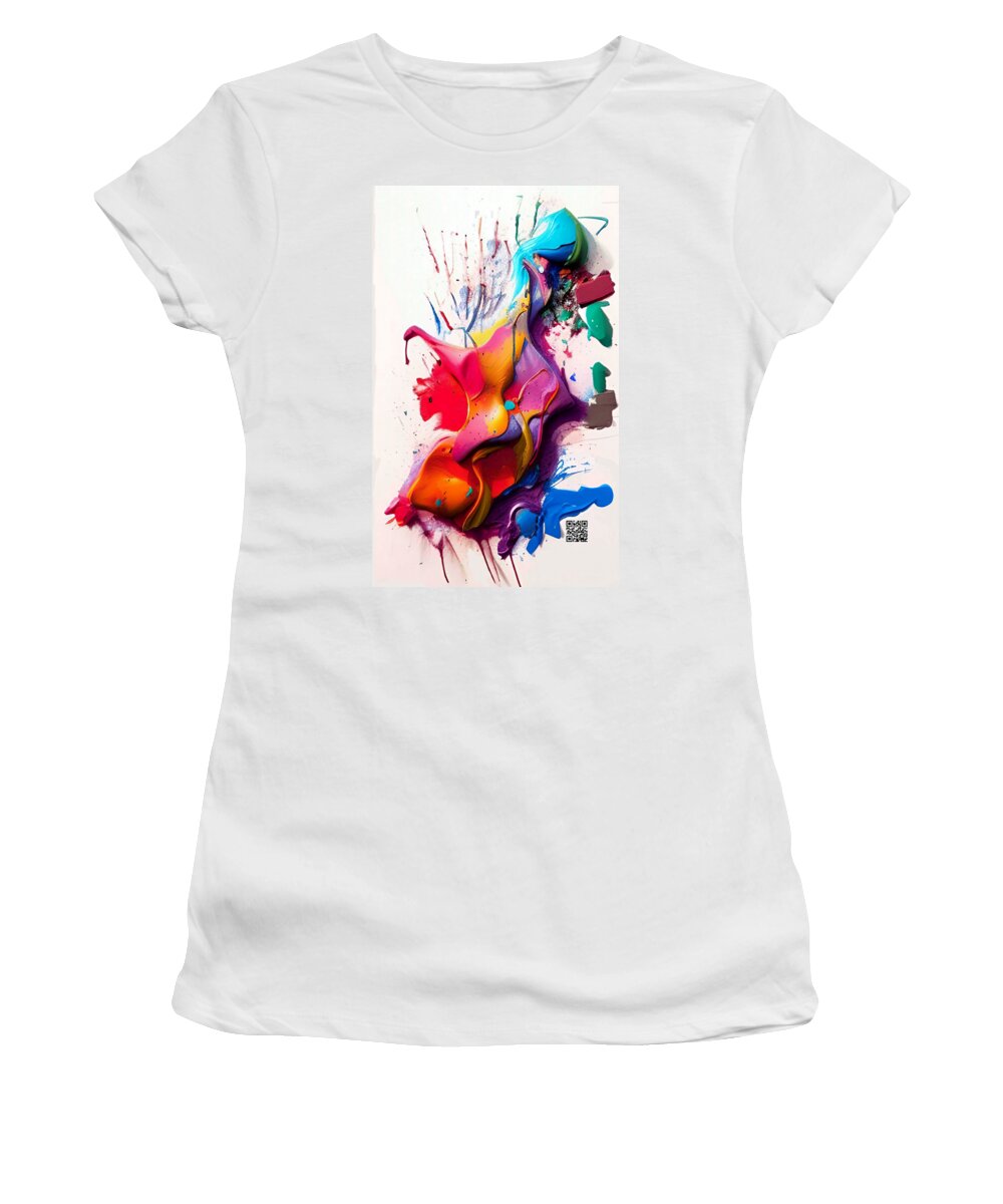 Abstract; Colorful; Acrylic; Motion; Movement; Splash; Red; Pink; Orange; Green; Blue Women's T-Shirt featuring the painting Harmony in Motion by Rafael Salazar