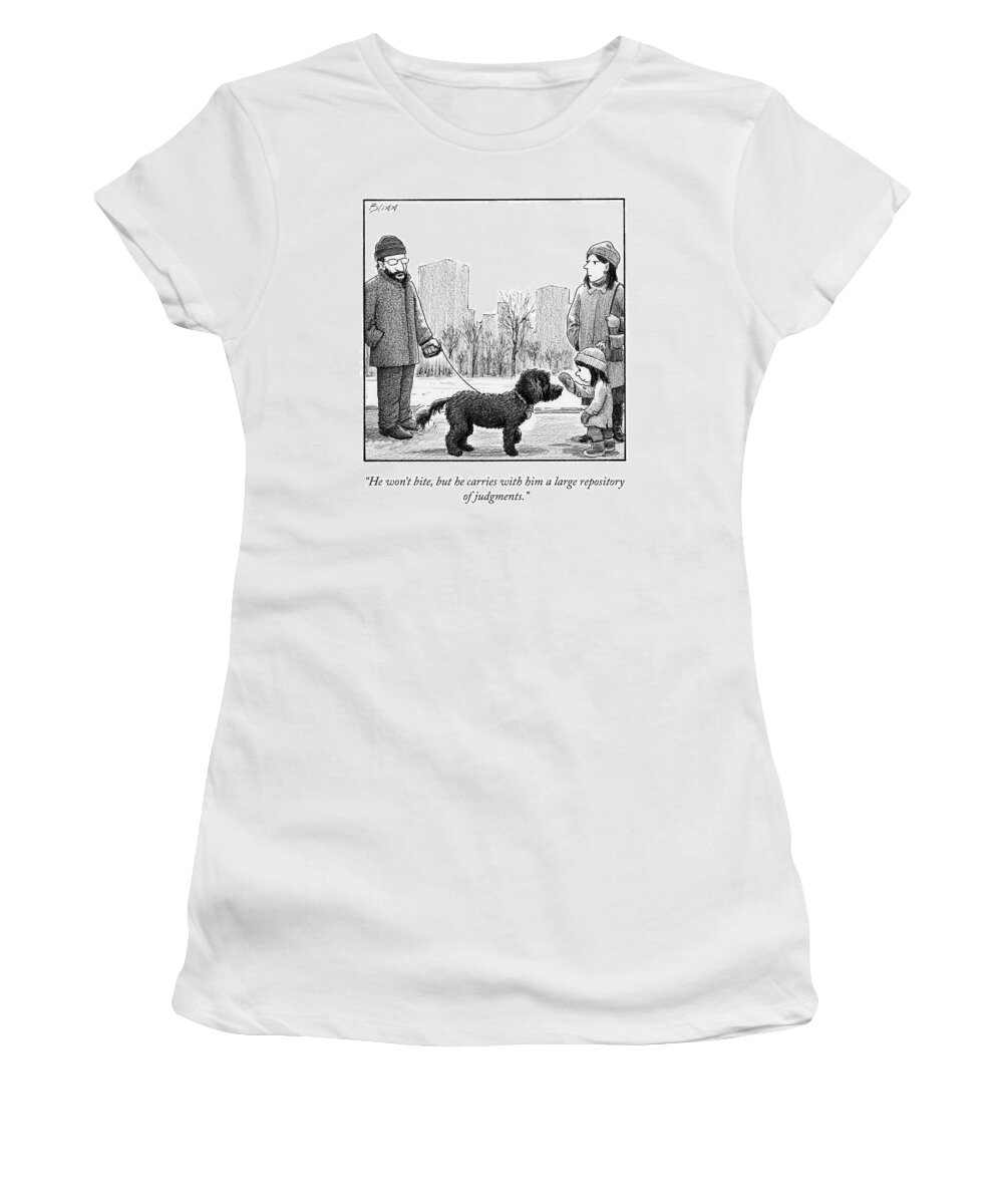 “he Won’t Bite Women's T-Shirt featuring the drawing He Won't Bite by Harry Bliss