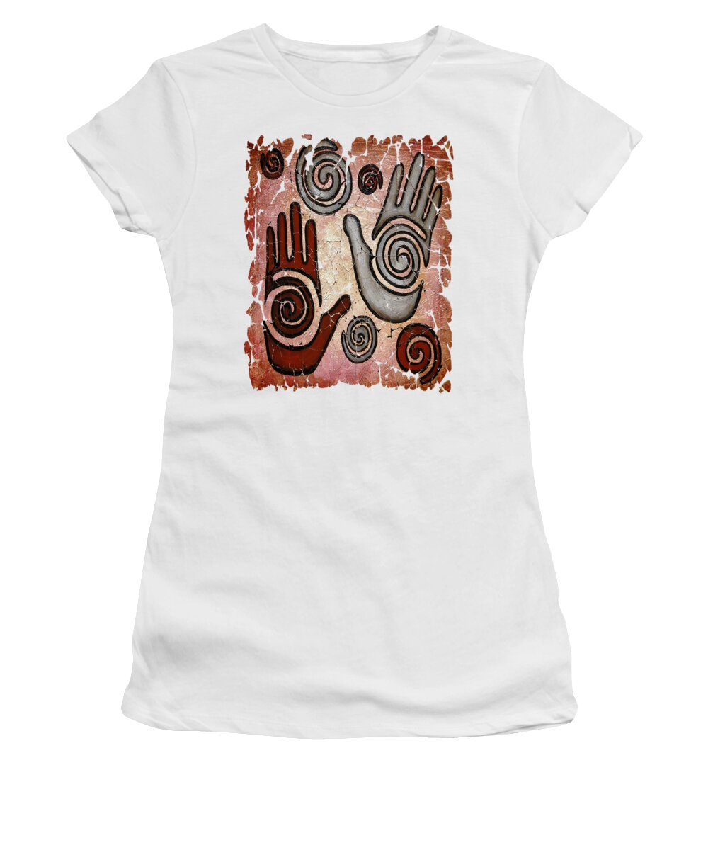 Healing Hands Women's T-Shirt featuring the painting Healing Hands Broken Fresco The Beginning of a Journey on White Background by OLena Art