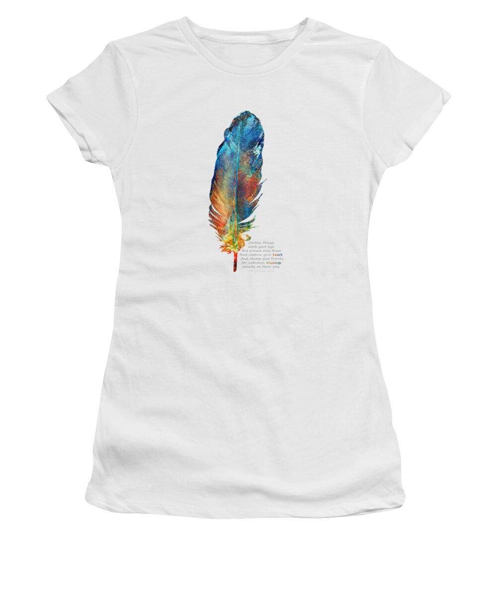 Feather Women's T-Shirt featuring the painting Heart Blessings - Native American Colorful Feather Art - Sharon Cummings by Sharon Cummings