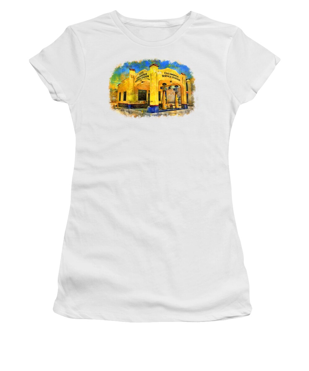 Cucamonga Service Station Women's T-Shirt featuring the digital art Historic Route 66 Cucamonga Service Station, in Rancho Cucamonga, California by Nicko Prints