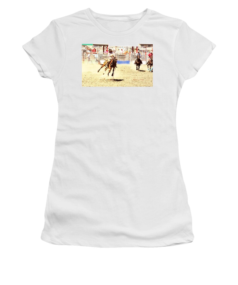 Horse Ride Women's T-Shirt featuring the mixed media Hot Bronc Ride by Kae Cheatham