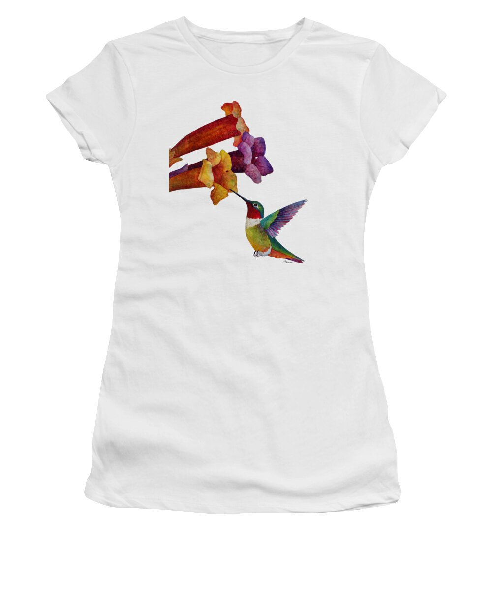 Hummingbird Women's T-Shirt featuring the painting Hummer Time - solid background by Hailey E Herrera