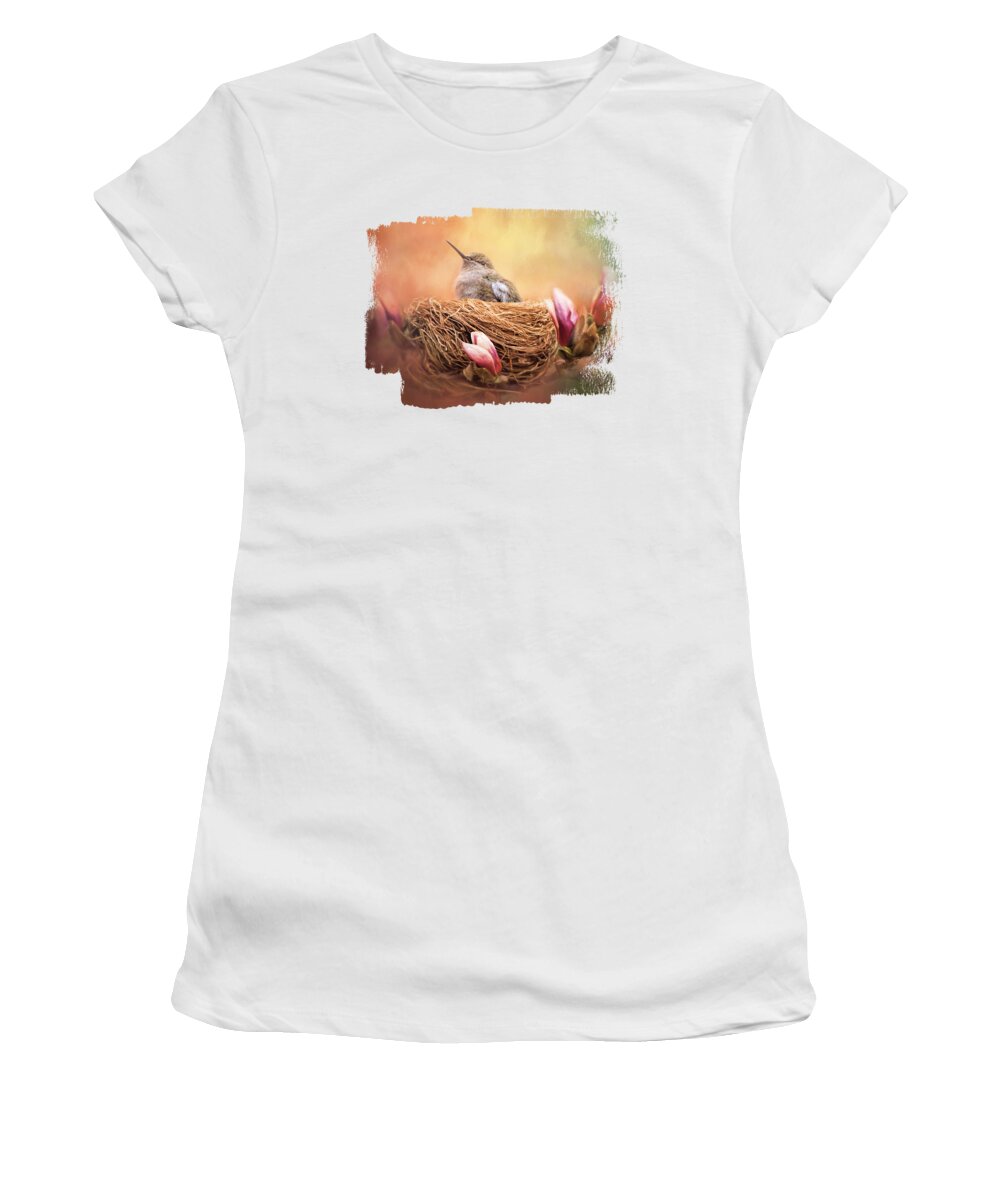 Hummingbird Nest Women's T-Shirt featuring the mixed media Hummingbird in Magnolia Nest by Elisabeth Lucas