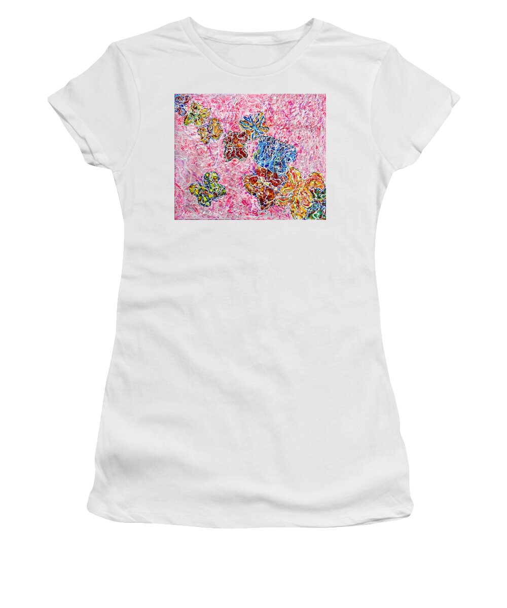Canvas Women's T-Shirt featuring the painting In The Pink of The Night Butterflies Are Seen In Flight by Ellen Palestrant
