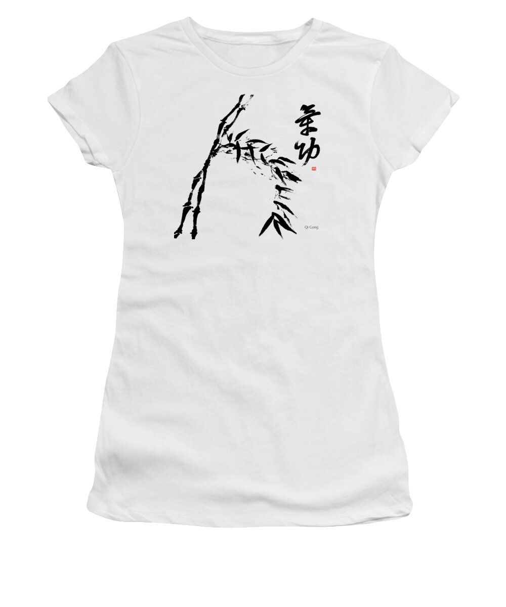 Qigong Women's T-Shirt featuring the painting Inspirational Qigong Kanji Calligraphy with Bamboo Painting by Nadja Van Ghelue
