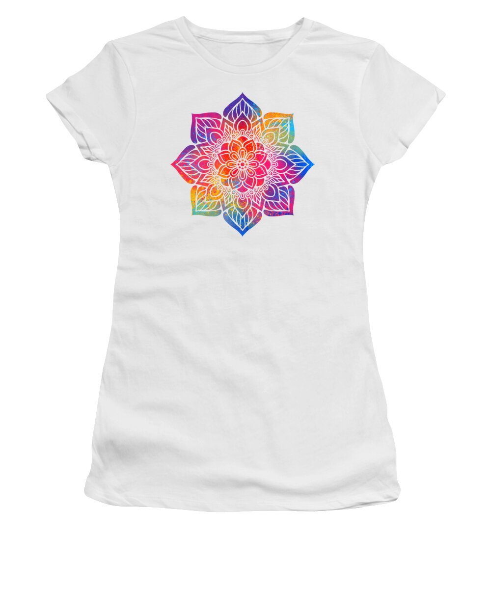 Colorful Women's T-Shirt featuring the digital art Intaran - Colorful Vibrant Rainbow Mandala Pattern by Sambel Pedes