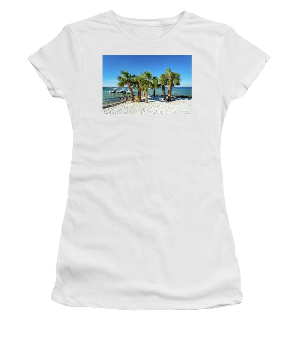 Island Women's T-Shirt featuring the photograph Island Palm Trees and Boats, Pensacola Beach, Florida by Beachtown Views