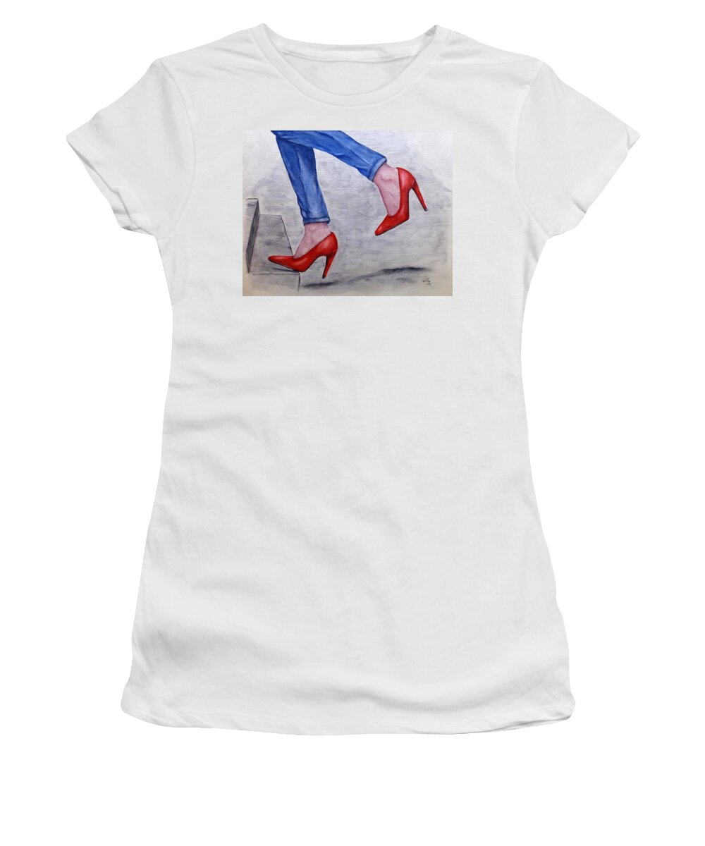 Jeans Women's T-Shirt featuring the painting Jeans and Red Heels by Kelly Mills