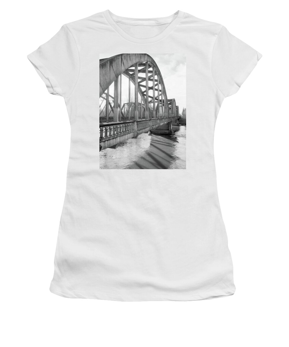 Jefferson Bridge Women's T-Shirt featuring the pyrography Jefferson Bridge, OR by Mike Bergen