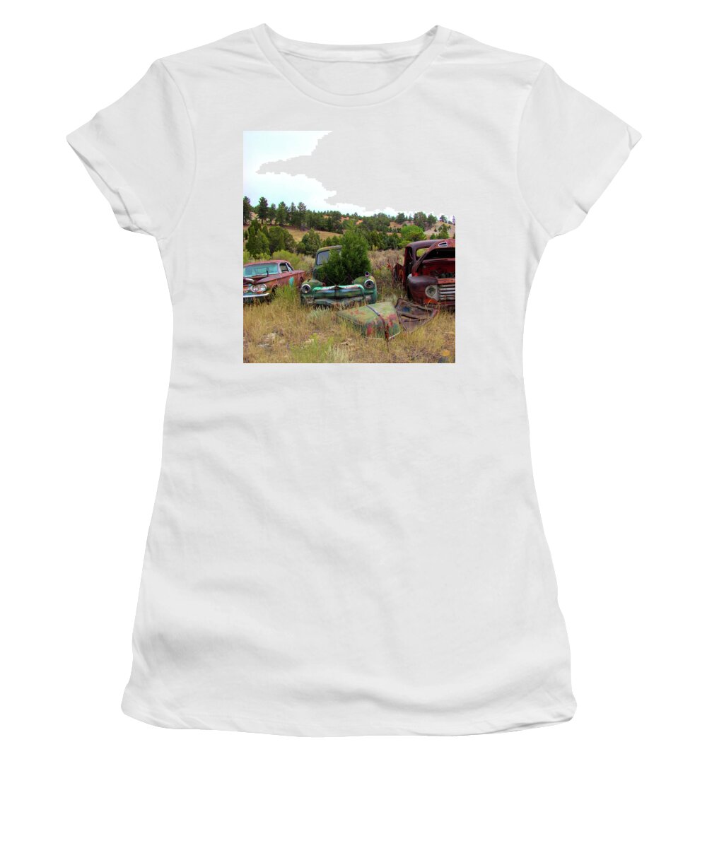 Old Rusty Pickups Women's T-Shirt featuring the photograph Junkyard Series Rusty Pickups by Cathy Anderson