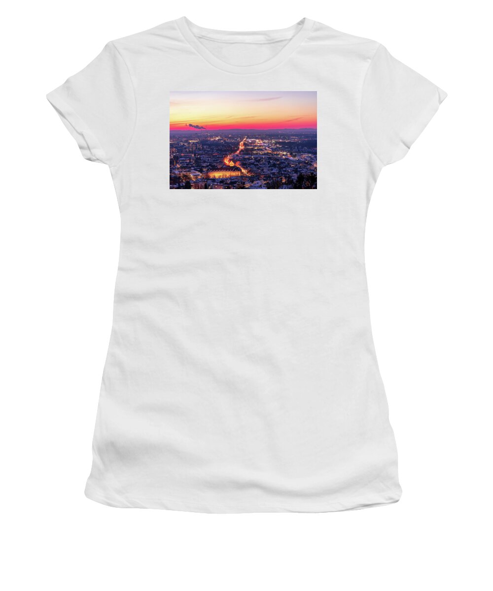 Karlsruhe Women's T-Shirt featuring the photograph Karlsruhe in winter at sunset by Hannes Roeckel