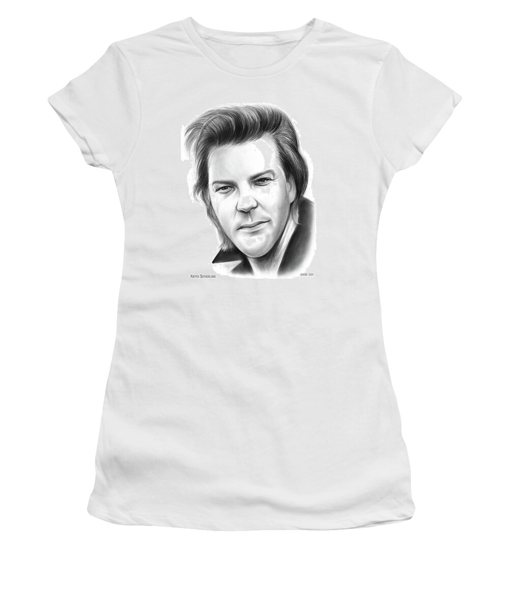 Kiefer Sutherland Women's T-Shirt featuring the drawing Kiefer Sutherland by Greg Joens