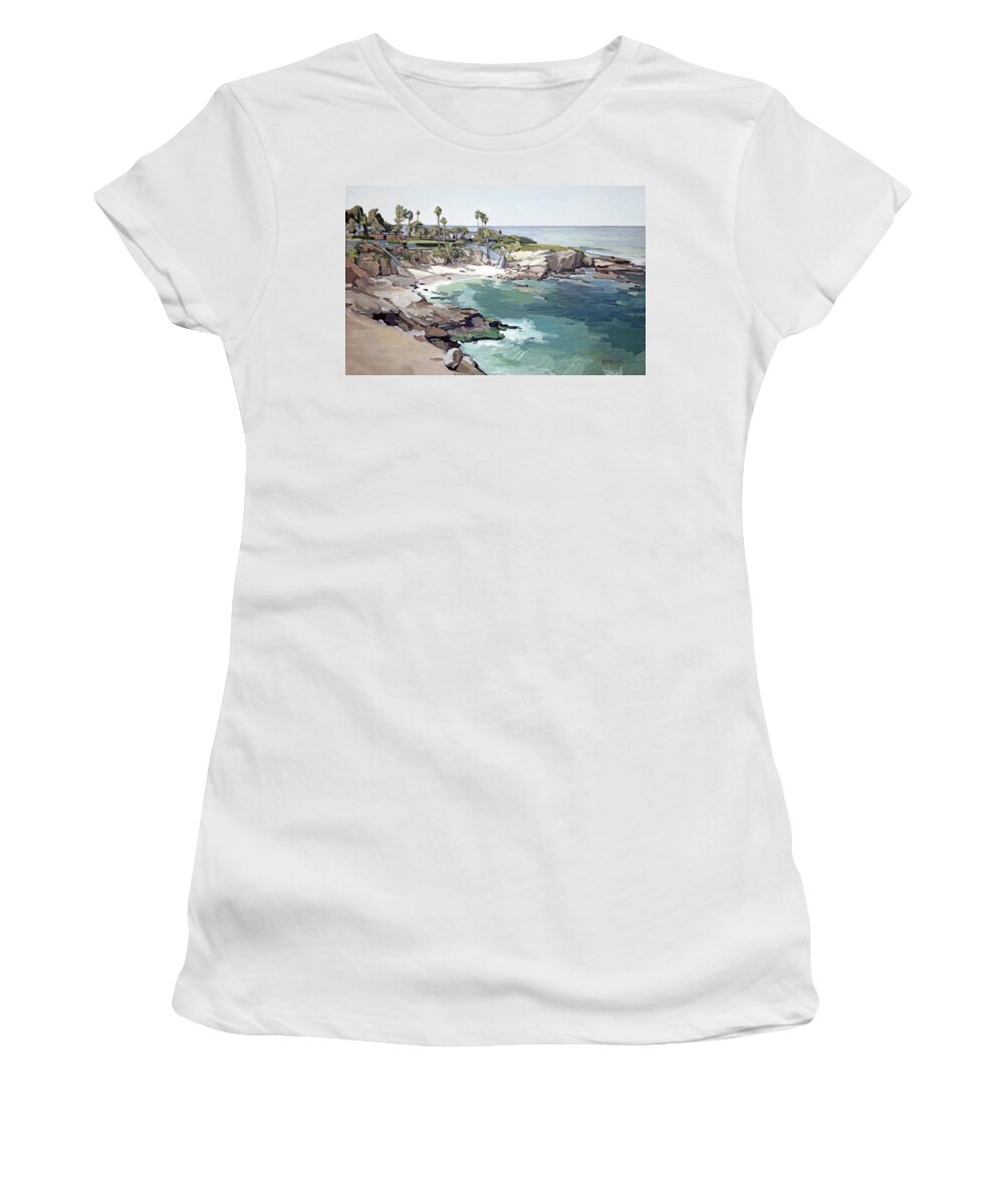 La Jolla Cove Women's T-Shirt featuring the painting La Jolla Cove - San Diego California by Paul Strahm