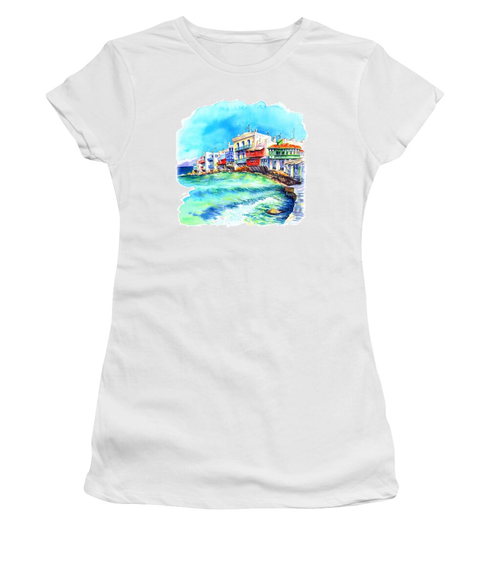 Little Venice Women's T-Shirt featuring the painting Little Venice on Island Mykonos by Miki De Goodaboom