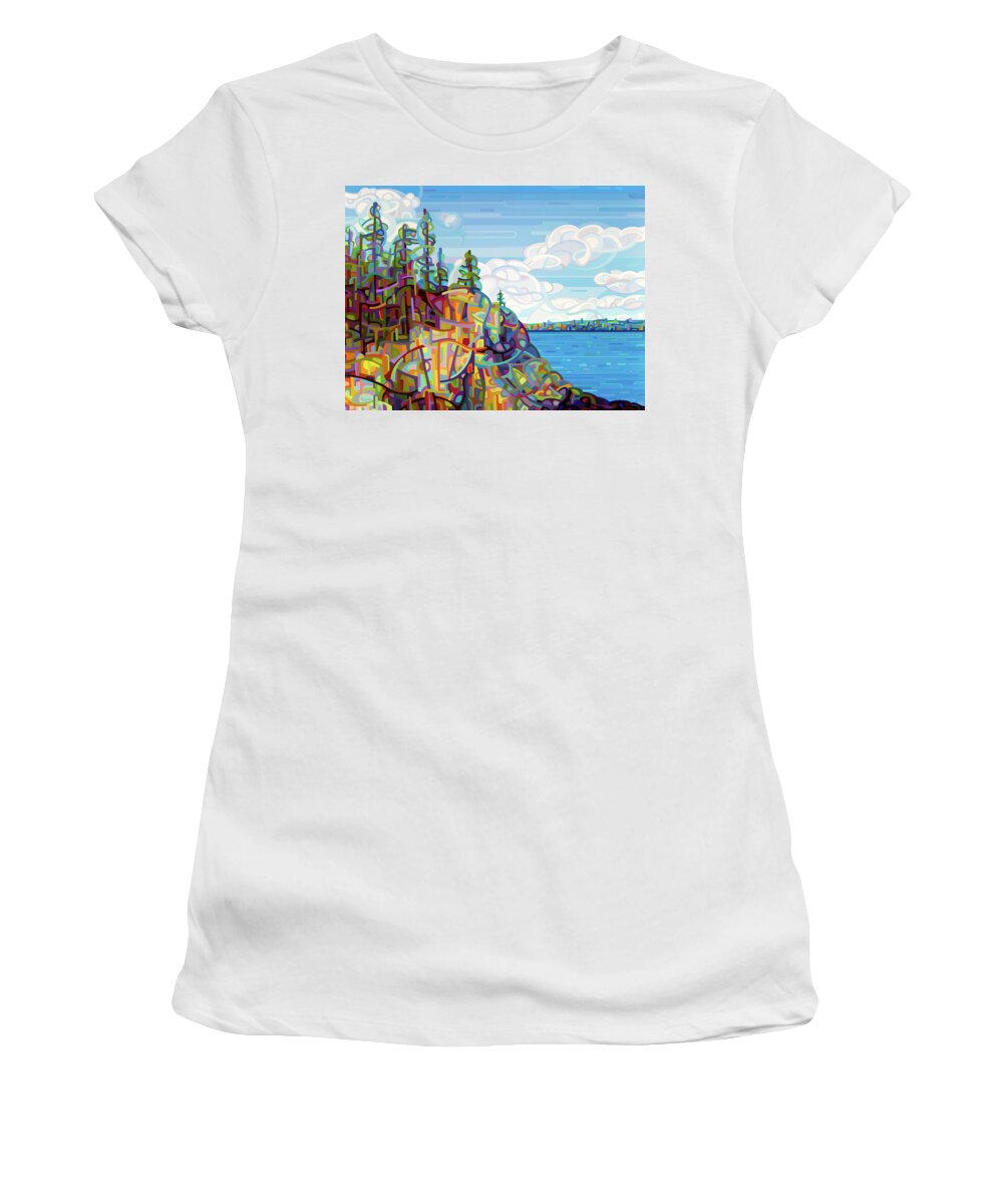 Summer Lake Women's T-Shirt featuring the painting Living on the Edge by Mandy Budan