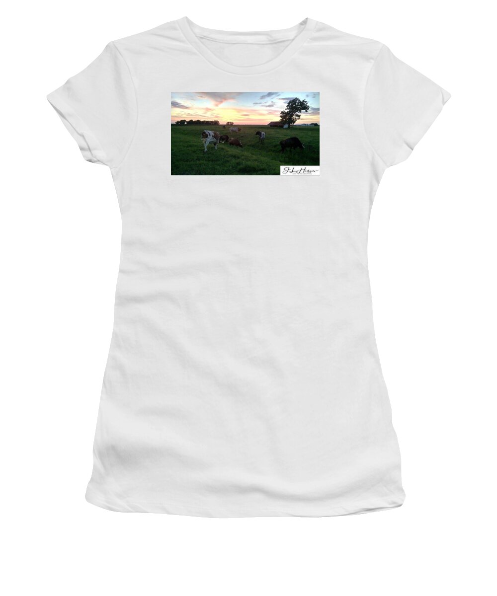 Longhorns Women's T-Shirt featuring the photograph Longhorns at Sunset by J L Hodges