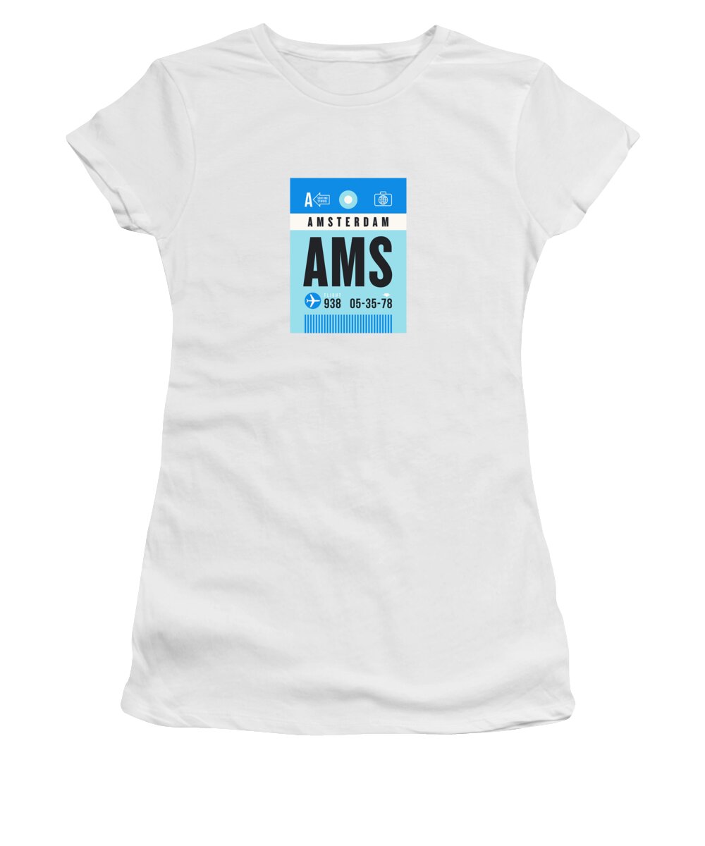 Airline Women's T-Shirt featuring the digital art Luggage Tag A - AMS Amsterdam Netherlands by Organic Synthesis