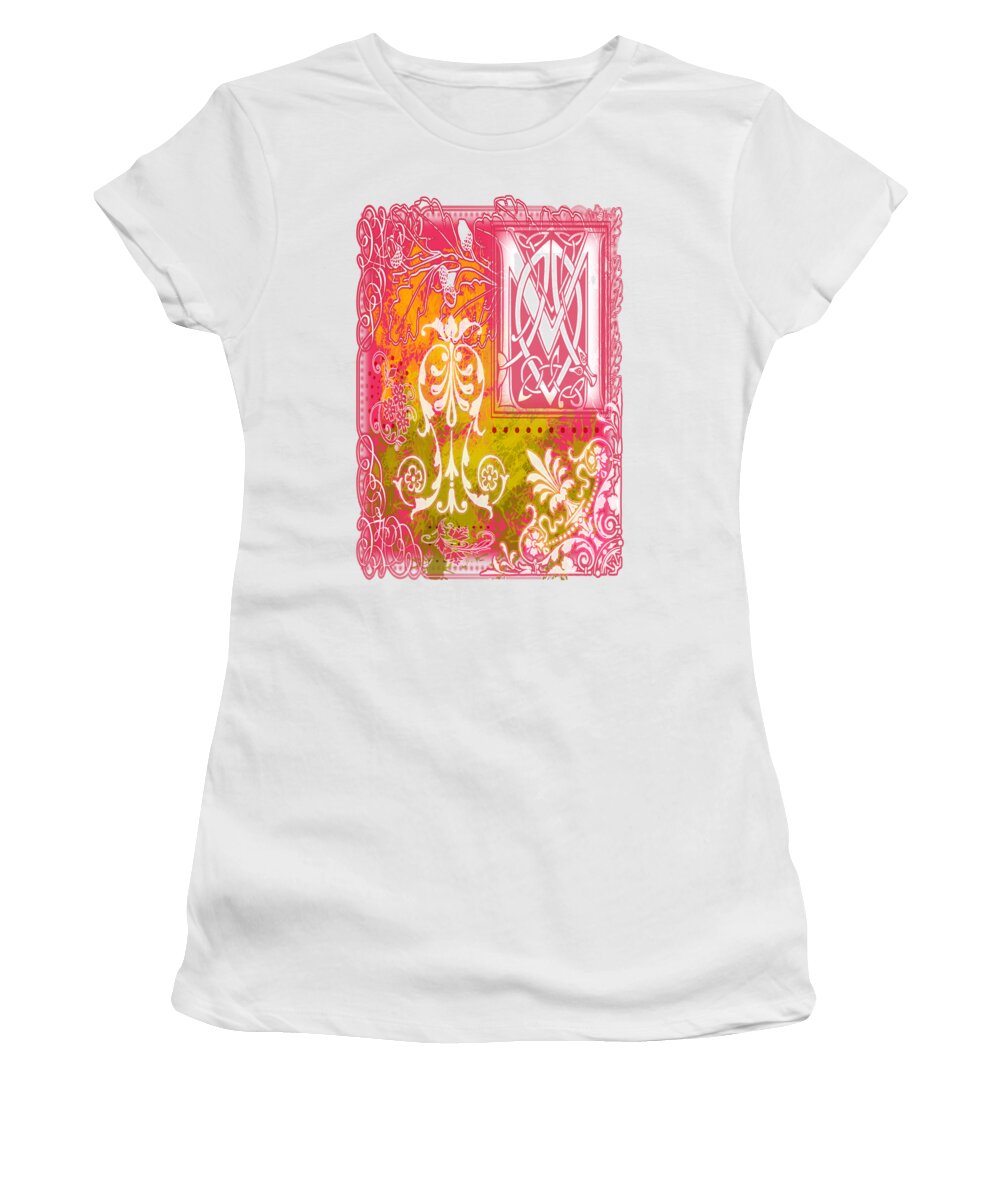 M Women's T-Shirt featuring the digital art M Monogram in Magenta Pink Golden Green by Delynn Addams