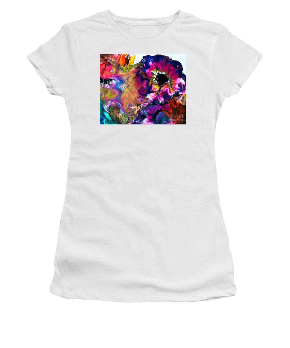 Comellingflowers Women's T-Shirt featuring the painting Magic Garden 7891 by Priscilla Batzell Expressionist Art Studio Gallery