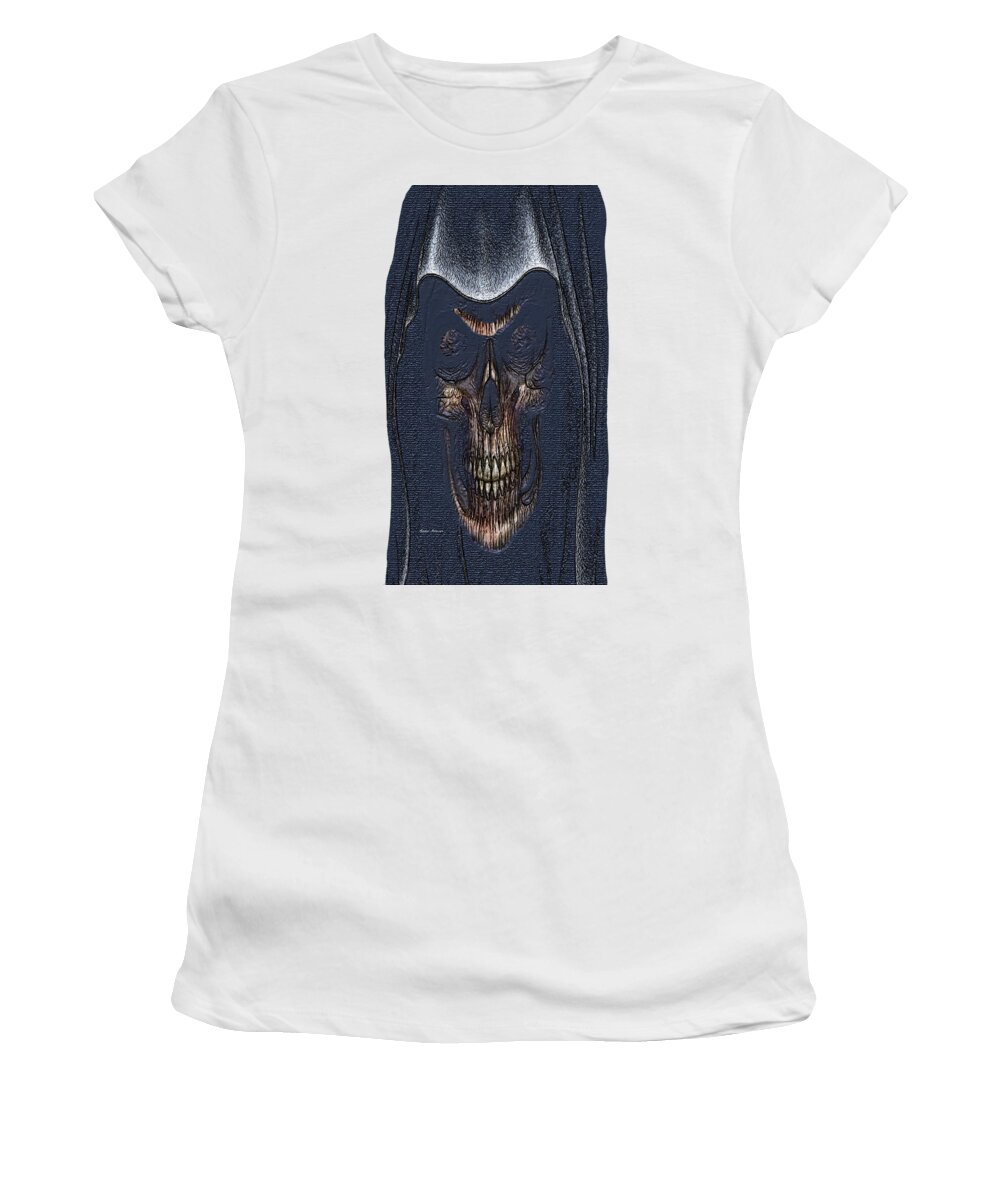 Figure; Modern; Contemporary; Set Design; Gallery Wall; Art For Interior Designers; Book Cover; Wall Art; Halloween; Scary; Skull; Fantasy; Album Cover; Cutting Edge; Covid 19 Women's T-Shirt featuring the mixed media Mask Enforcer by Rafael Salazar