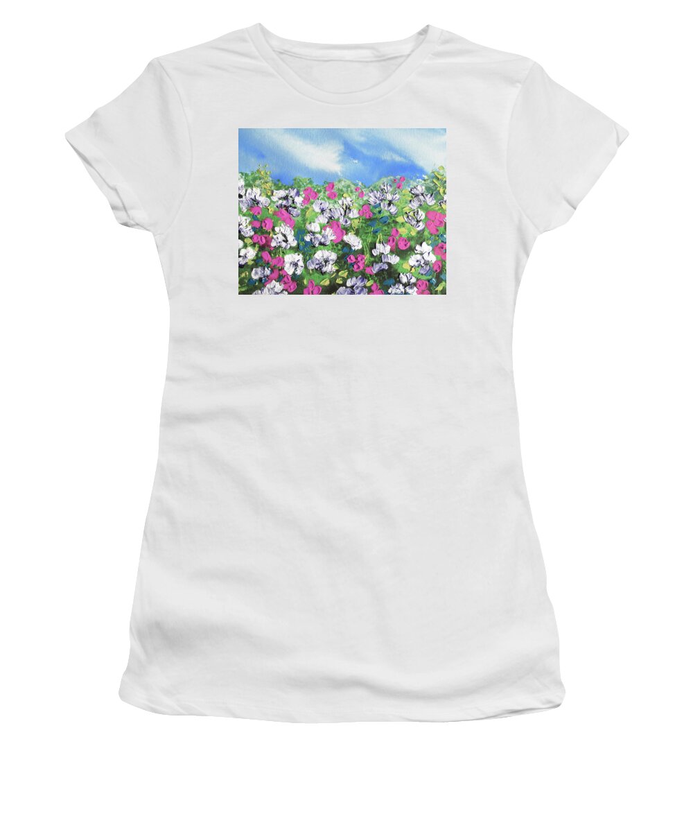 Abstract Flowers Women's T-Shirt featuring the painting Meadow With Pink White Blue Flowers Contemporary Decorative Art VI by Irina Sztukowski