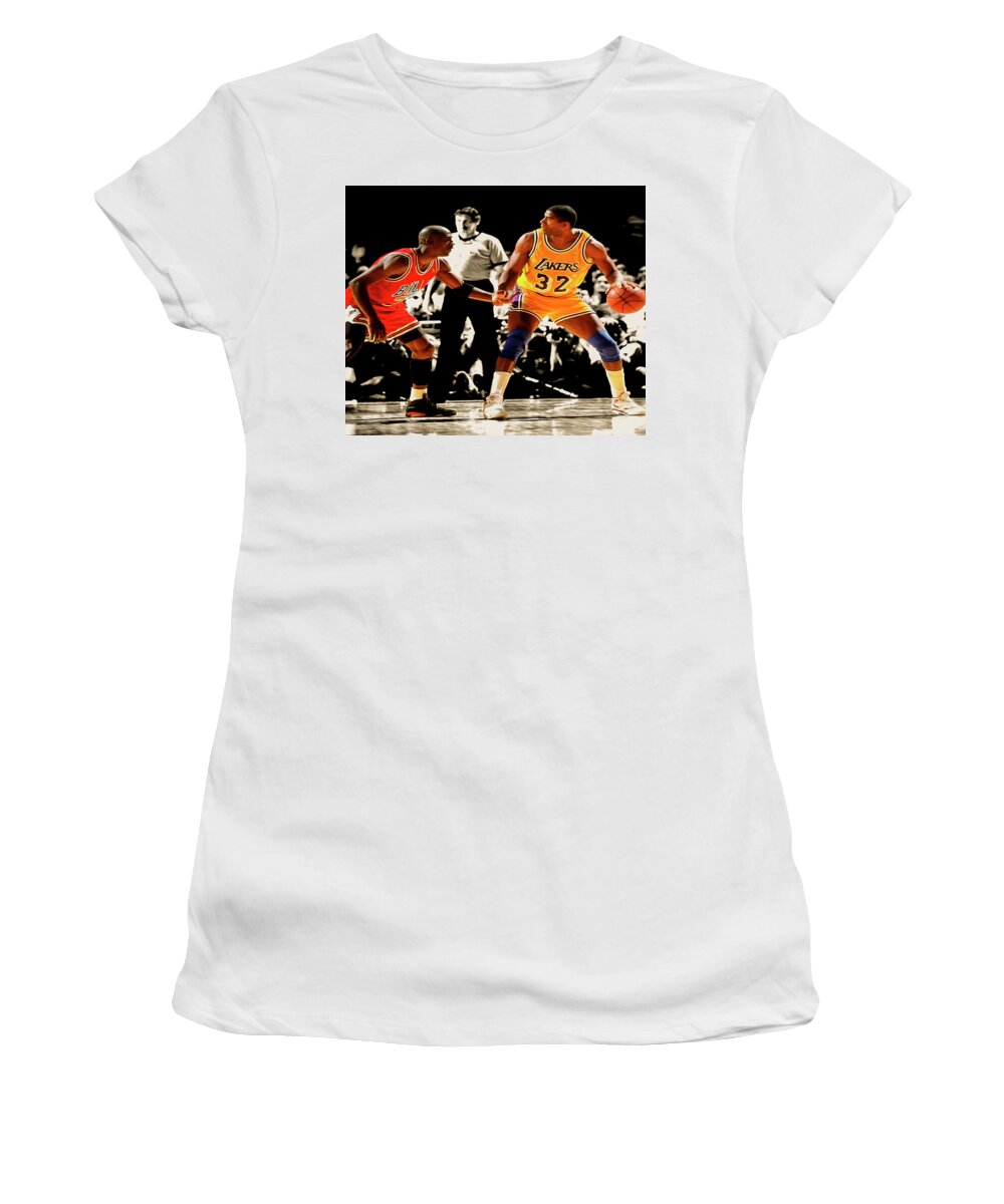 Michael Jordan Women's T-Shirt featuring the mixed media Michael Jordan and Magic Johnson by Brian Reaves
