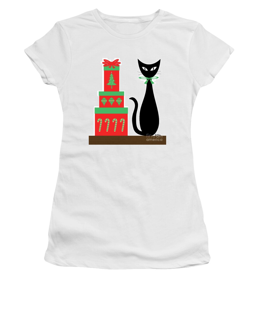 Mid Century Modern Women's T-Shirt featuring the digital art Mid Century Holiday Cat with Presents by Donna Mibus
