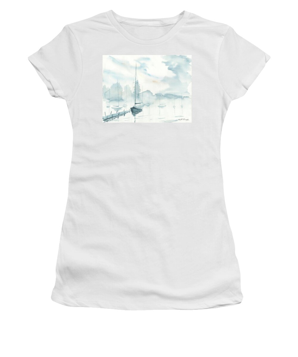 Sailboats Women's T-Shirt featuring the painting Misty Sailboats by Walt Brodis