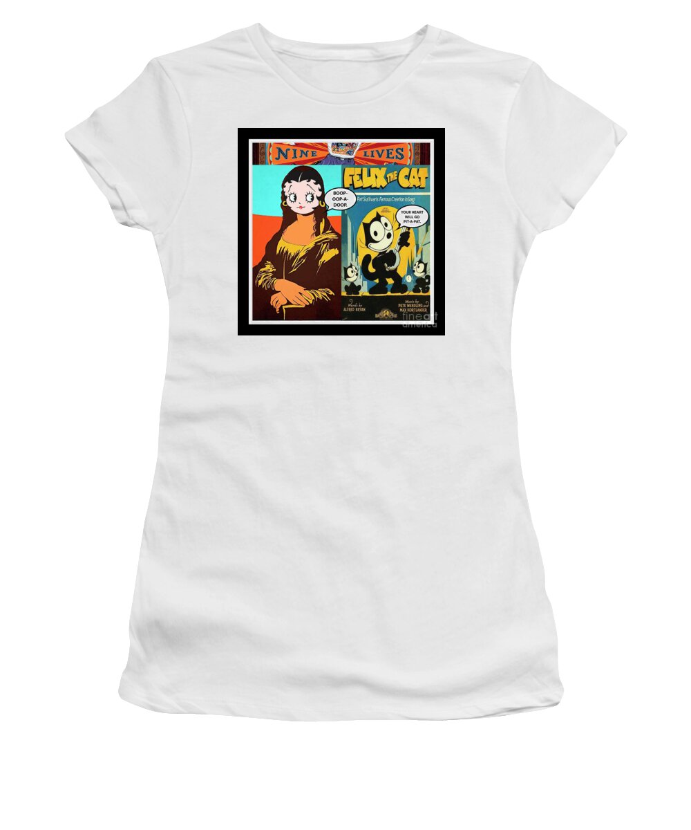 Mona Lisa Women's T-Shirt featuring the mixed media Mona Lisa - Betty Boop - Felix the Cat Print - Mixed Media Record Albums Pop Art Collage by Steven Shaver